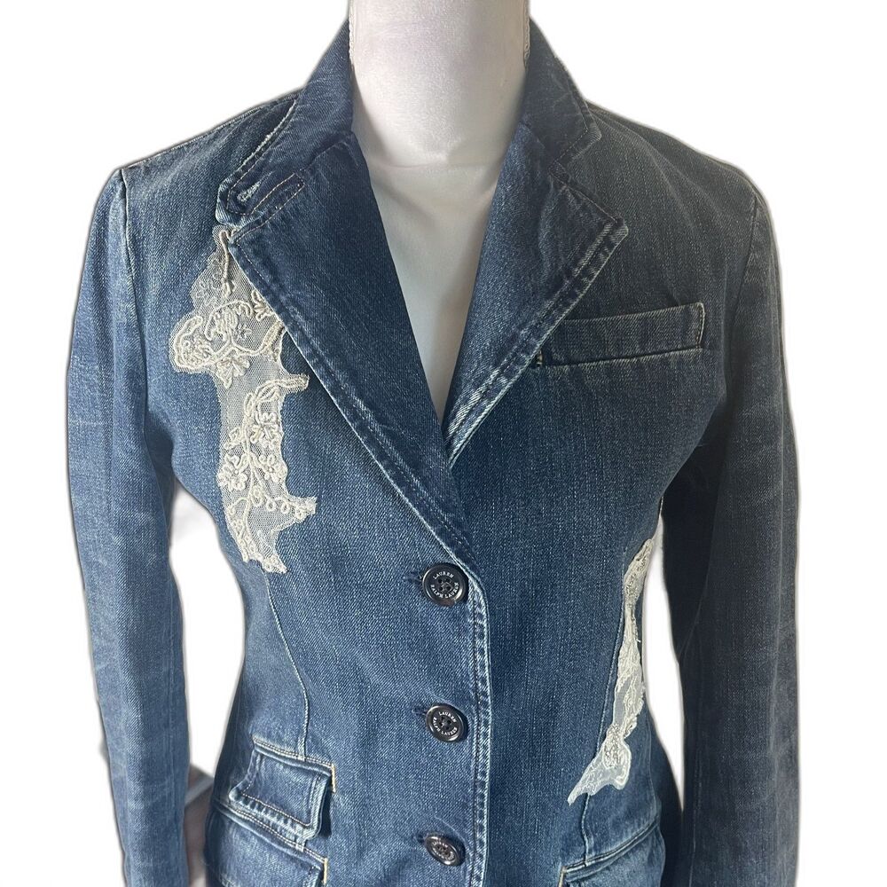 Lauren Ralph Lauren Womens Blazer Jean Jacket Sz 2 Embellished Lace Insulated - Picture 2 of 16